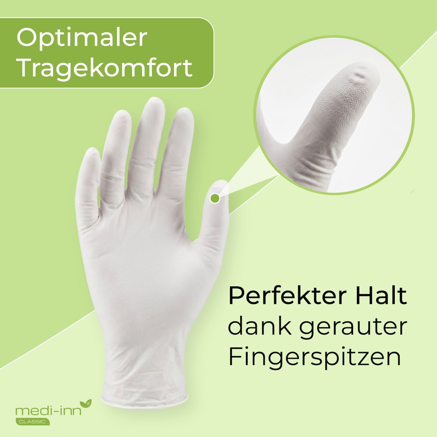 Weiße Nitrilhandschuhe mit aufgerauten Fingerspitzen für perfekten Halt. Optimaler Tragekomfort.