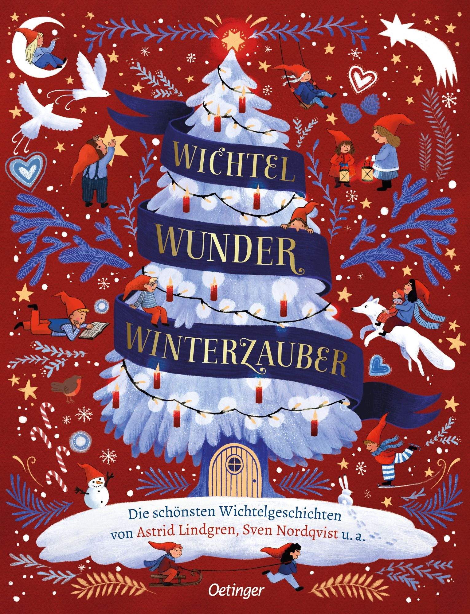 Buchcover mit Illustration eines Weihnachtsbaums mit Schriftzug "Wichtel Wunder Winterzauber". Oetinger Verlag.