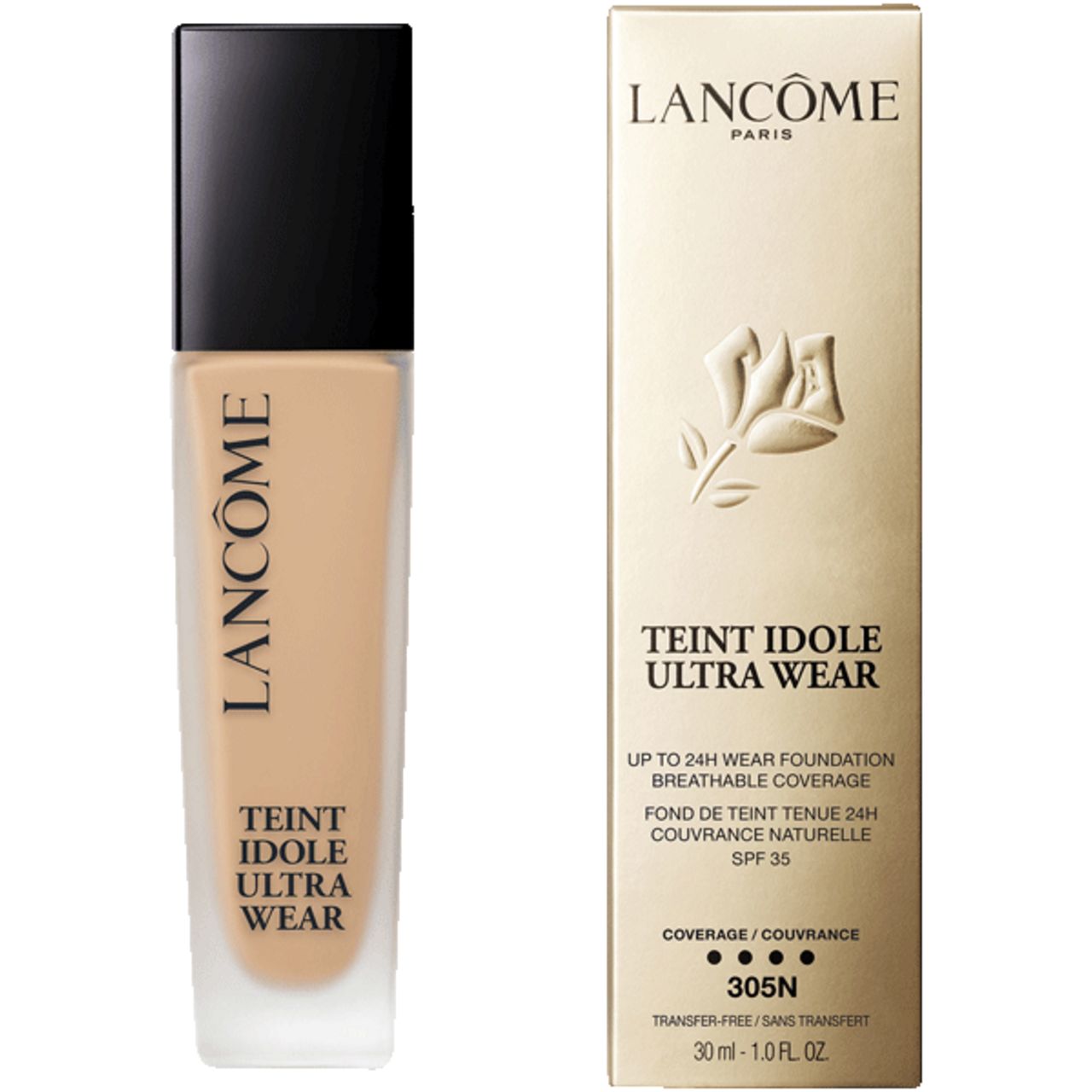 Flakon Lancôme Teint Idole Ultra Wear mit schwarzem Deckel und Produktinformationen. Aufschrift: Teint Idole Ultra Wear.