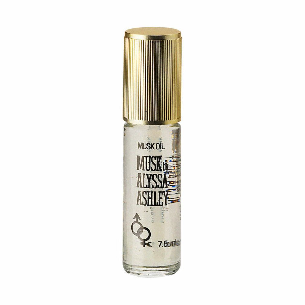 Parfümöl-Flakon mit goldfarbenem Deckel. Aufschrift: Musk by Alyssa Ashley, 7,5 ml. Flakon mit Logo und Symbolen.