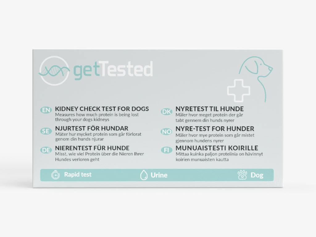 Kartonverpackung mit dem Aufdruck "getTested". Text in mehreren Sprachen, darunter "Nierentest für Hunde". Abbildung eines Hundes.