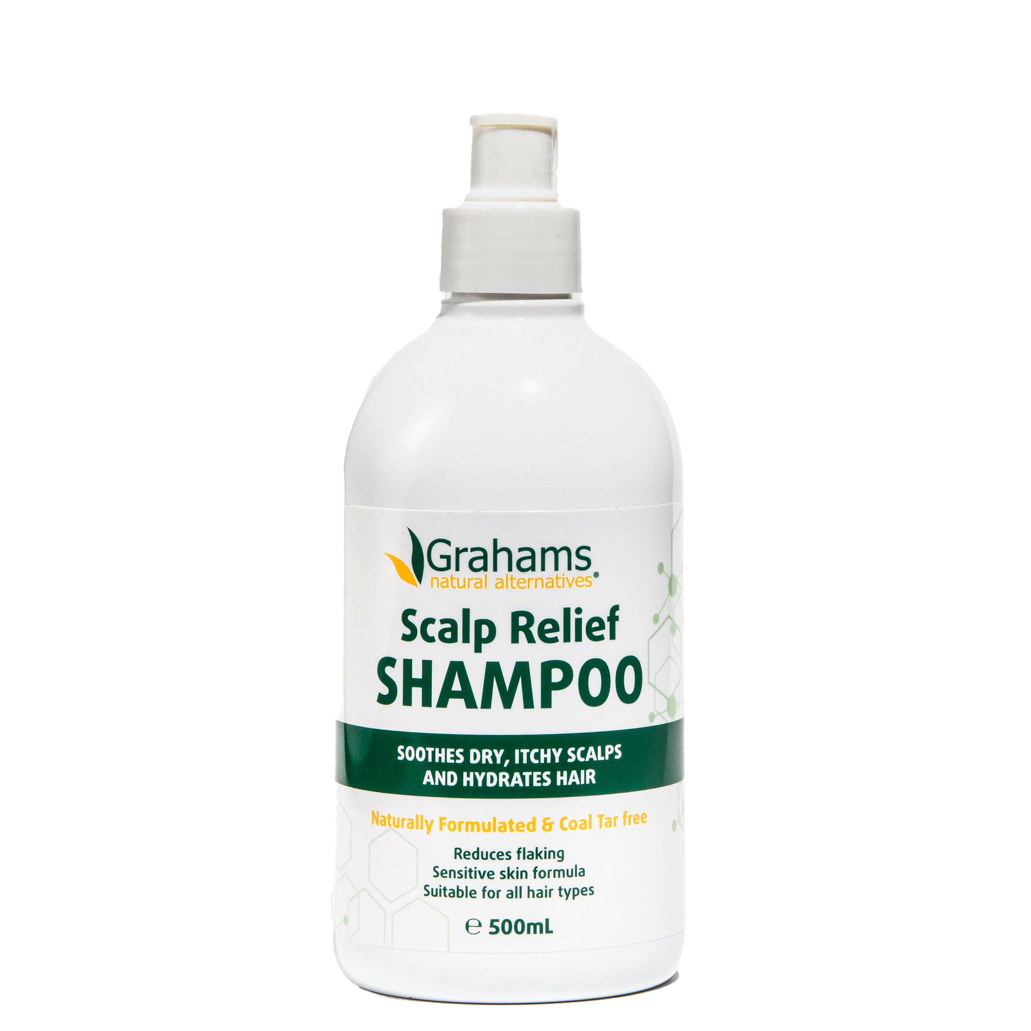 Weiße Flasche Grahams Kopfhaut Beruhigungs Shampoo. Grünes Etikett mit Produktinformationen. 500ml.