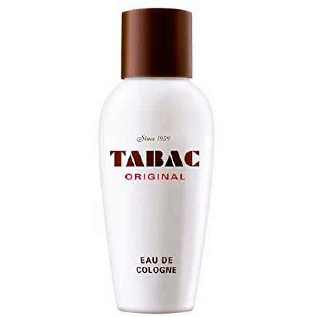 Weiße Flasche mit braunem Deckel. Aufschrift "TABAC ORIGINAL Eau de Cologne".