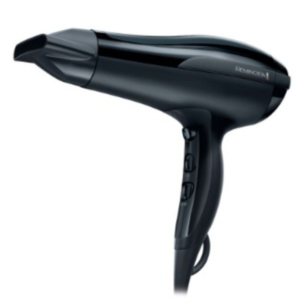 Schwarzer Haartrockner. Das Remington-Logo ist sichtbar. Bedienelemente am Griff.