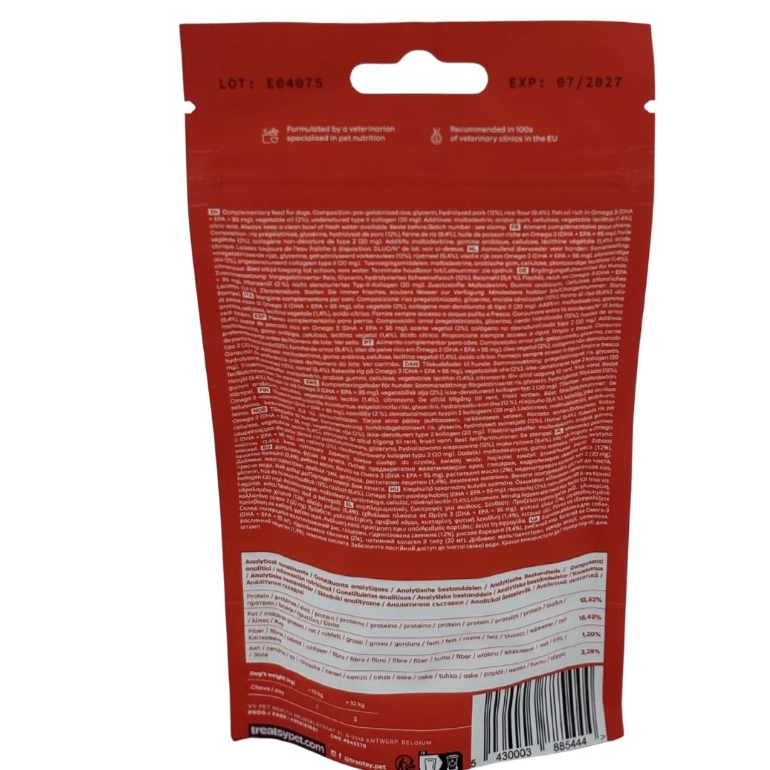 Rückseite einer roten Tüte. Text und Inhaltsangaben. Losnummer und Verfallsdatum.