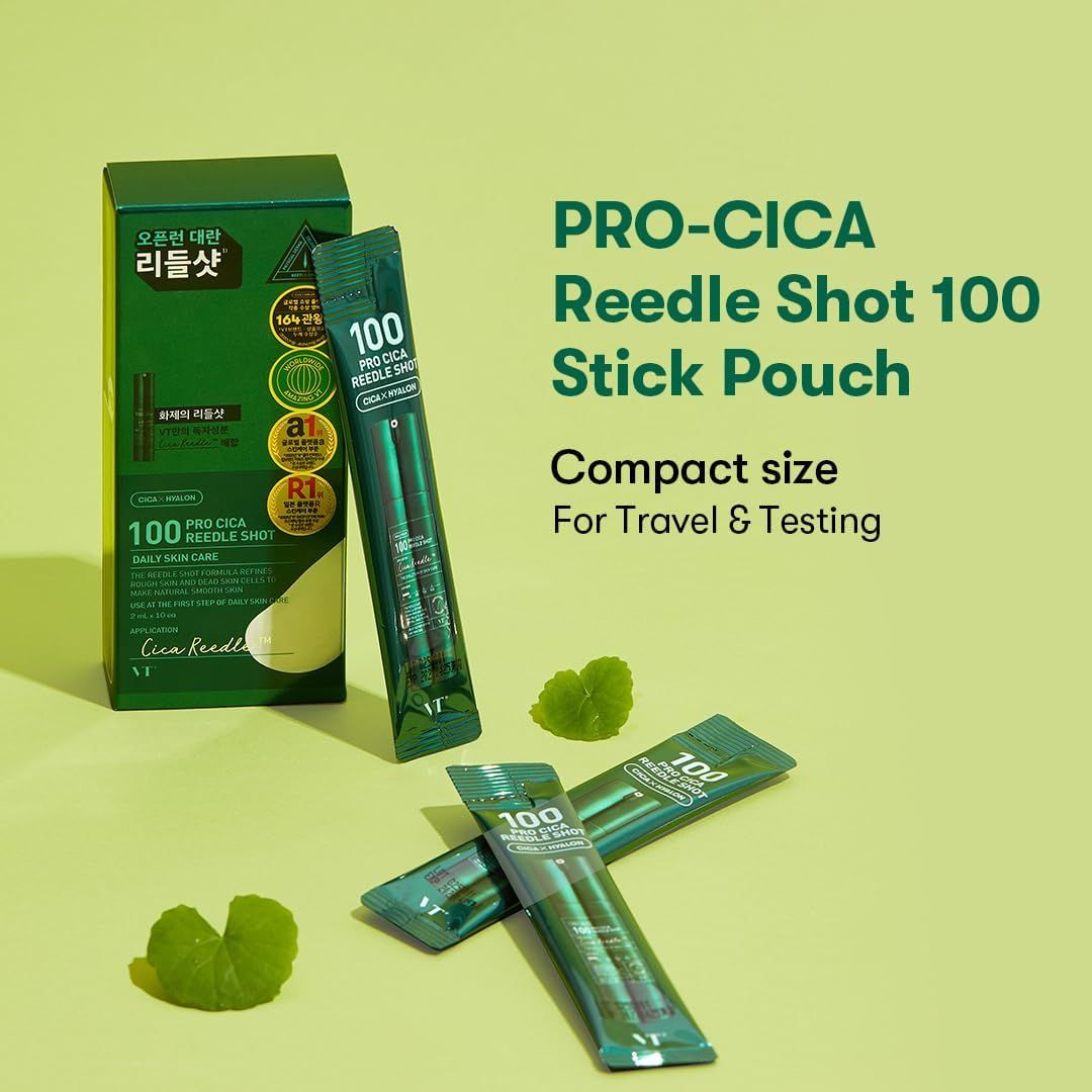Produktverpackung und Einzelverpackungen. Text: Pro-Cica Reedle Shot 100. Kompakte Größe. Für Reisen.