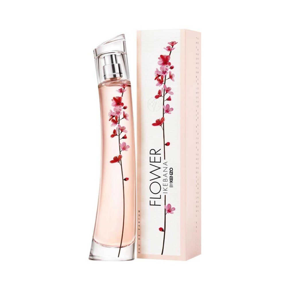 Parfümflakon und Verpackung. Flakon mit floralem Design, Schriftzug Flower Ikebana by Kenzo. Verpackung mit floralem Muster.