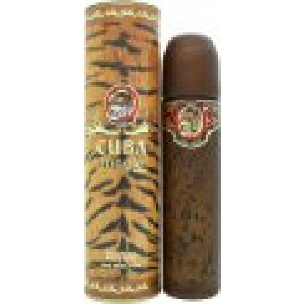 Parfumspray mit brauner Kappe und Tigerfellmuster-Verpackung. Aufschrift: Cuba Jungle. Eau de Parfum.