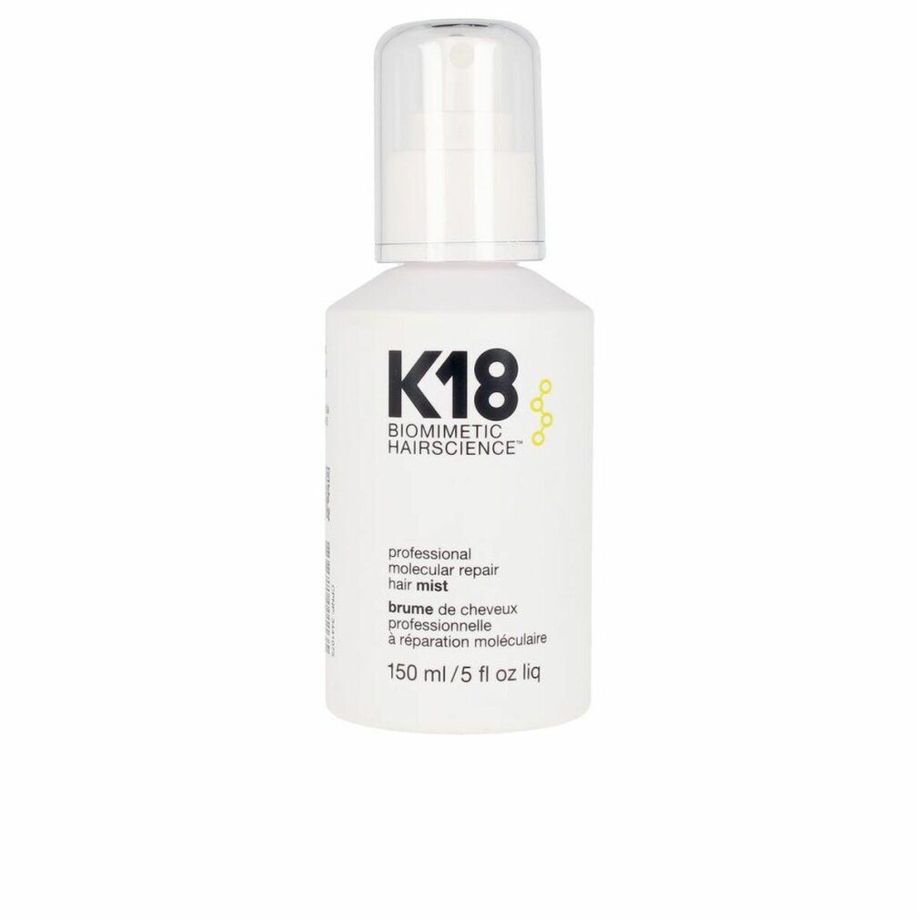 Weiße Flasche mit Sprühkopf. Aufschrift: K18 Biomimetic Hairscience, professional molecular repair hair mist, 150 ml/5 fl oz liq.