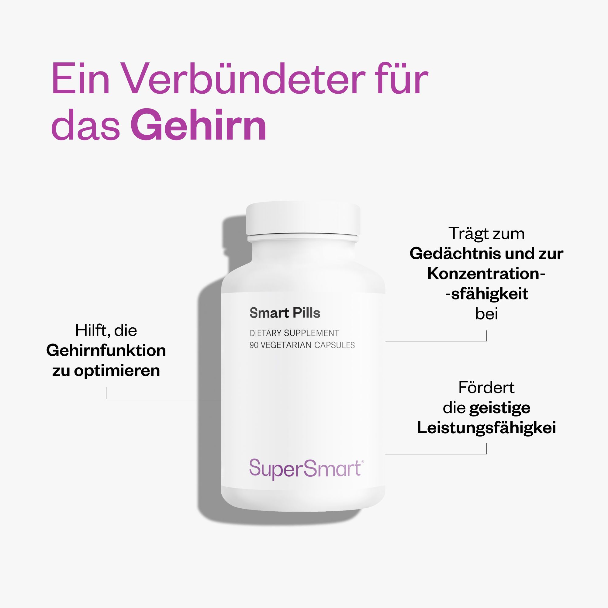 Weiße Flasche mit Smart Pills. Text: Dietary Supplement, 90 vegetarische Kapseln. SuperSmart Logo. Auf rosa Hintergrund.