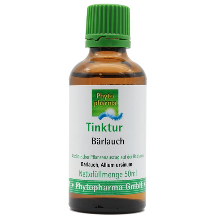 Braune Glasflasche mit grünem Verschluss. Etikett mit "Tinktur Bärlauch" und "Phyto pharma" Logo. 50ml.