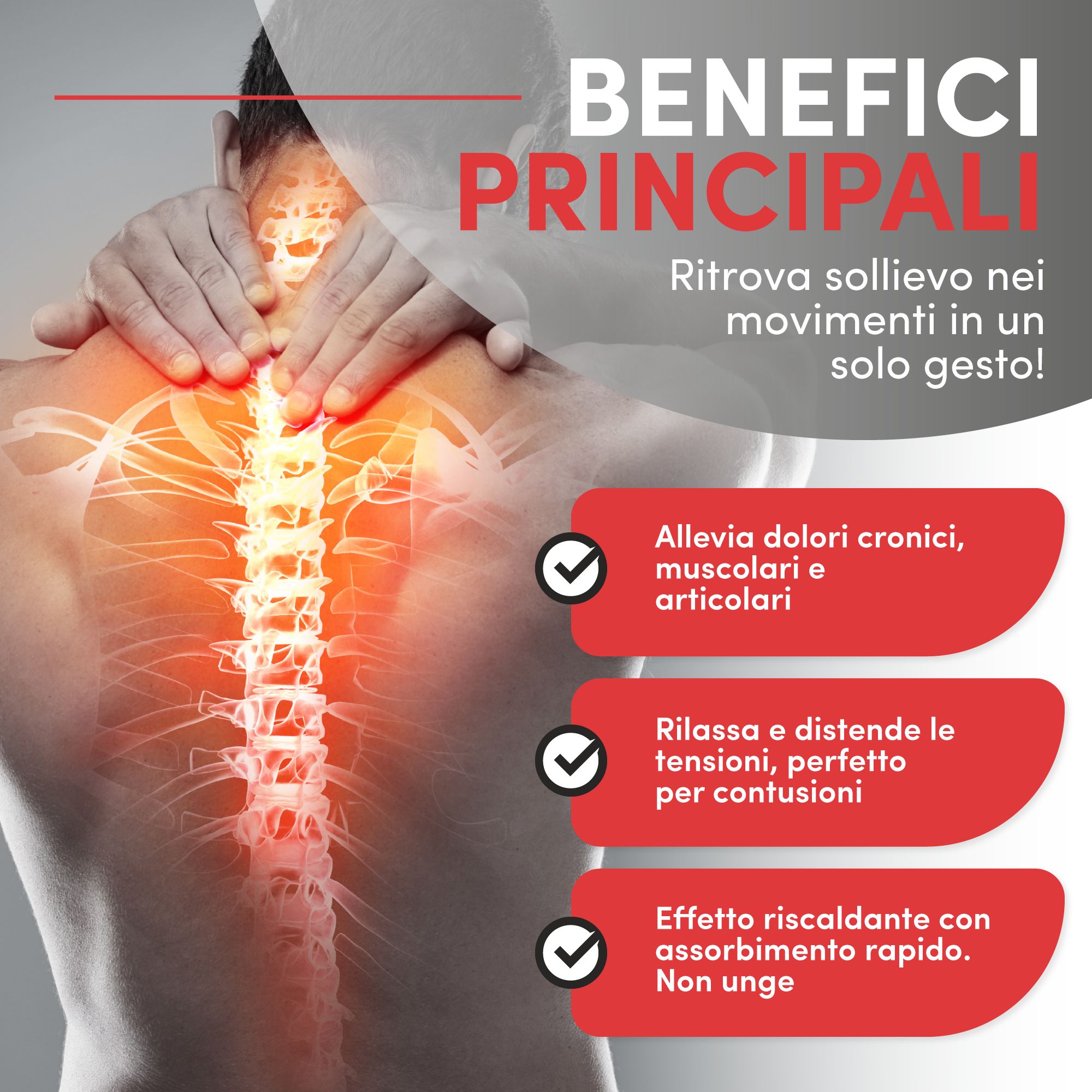 Rückansicht einer Person mit Wirbelsäule. Text: Lindert chronische Schmerzen, Muskel- und Gelenkschmerzen. Entspannt und dehnt.