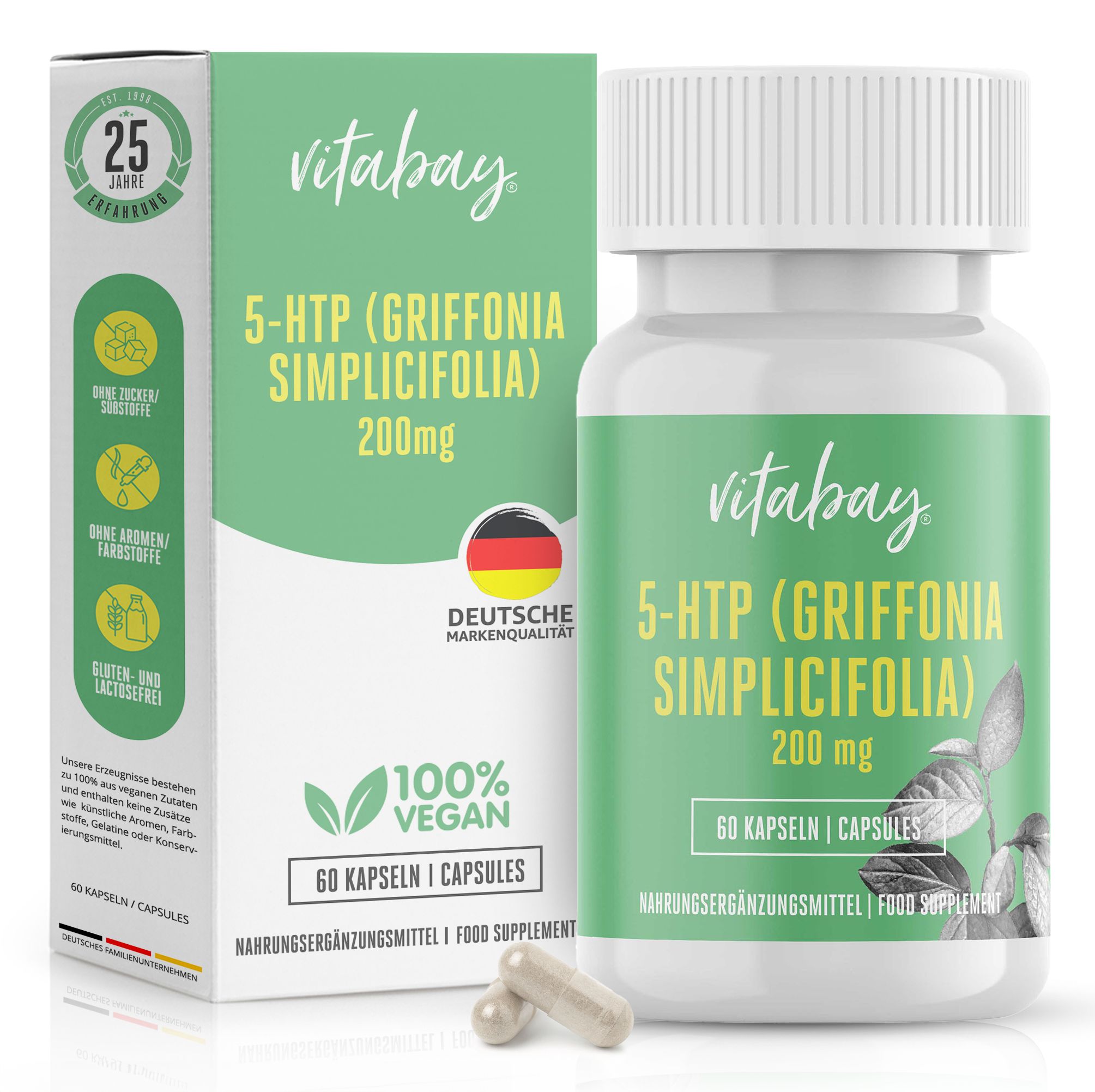 Vitabay 5-HTP Produktverpackung und Flasche. Text: 5-HTP (Griffonia simplicifolia) 200 mg, 60 Kapseln, 100% vegan.