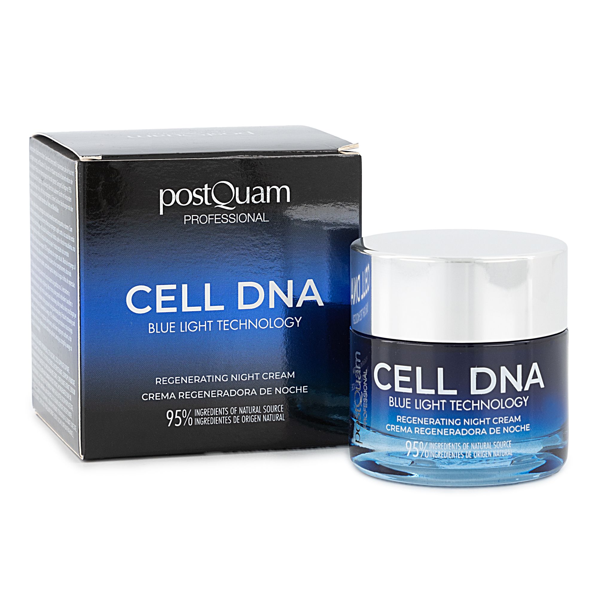 Creme-Tiegel und Schachtel. Aufschrift CELL DNA, Blue Light Technology, Regenerating Night Cream. 95% Inhaltsstoffe natürlichen Ursprungs.