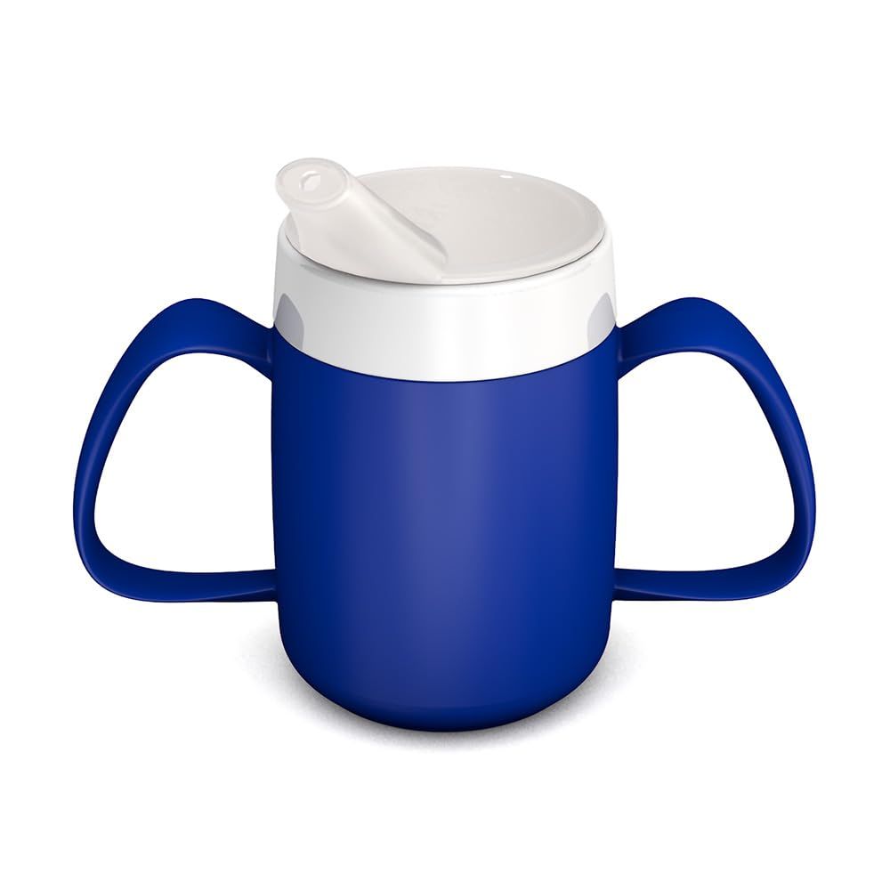 Blauer Becher mit zwei Henkeln und Trink-Trick-Aufsatz. Weißer Deckel mit kleiner Öffnung.
