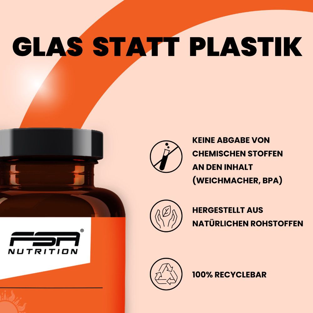 Braune Flasche FSA NUTRITION. Text: Glas statt Plastik. Keine Abgabe von chemischen Stoffen, hergestellt aus natürlichen Rohstoffen, 100% recyclebar. Orangefarbener Hintergrund.