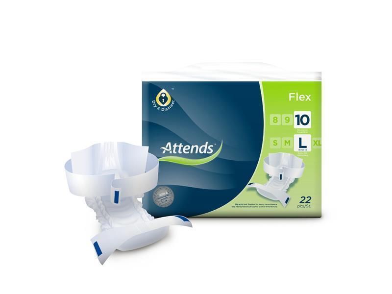 Weiße Inkontinenzvorlage und Verpackung. Verpackung mit Logo "Attends", Produktbezeichnung "Flex 10 L" und 22 Stück.