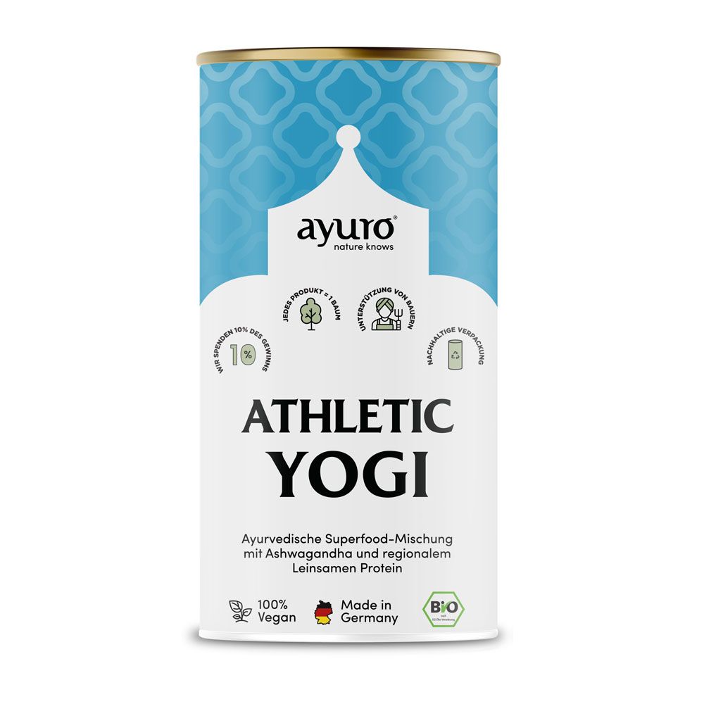 Zylindrische Dose mit blauem Muster und Aufschrift ATHLETIC YOGI. Logo: ayuro. Bio-Siegel und 100% Vegan.