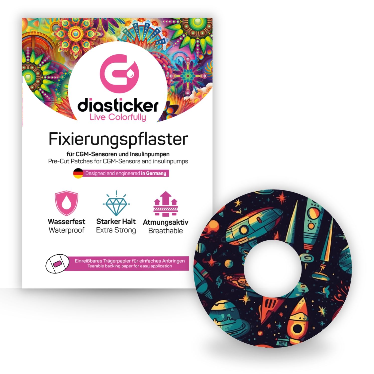 Verpackung und runder Aufkleber. Aufkleber mit Weltraum-Design. Verpackung mit Logo und Text: Fixierungspflaster, wasserfest, atmungsaktiv.