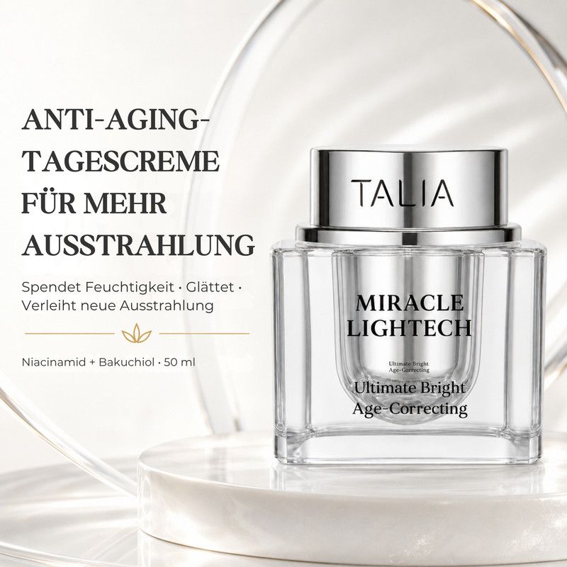 Talia Miracle Lighttech Age-Correcting Tagescreme in Glasbehälter mit silbernem Deckel.
