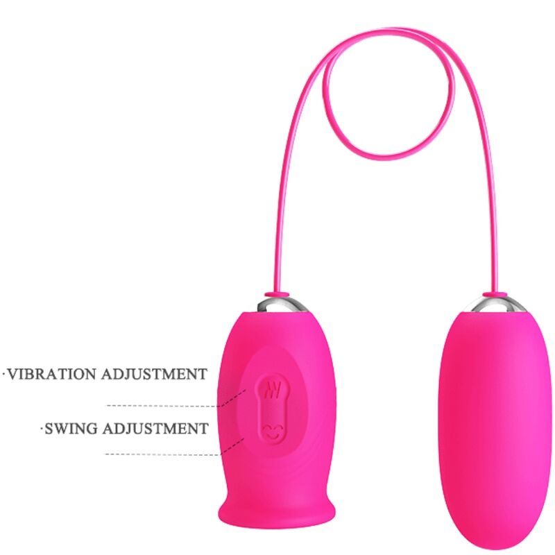Rosa Ei-Vibrator mit zwei Teilen, verbunden durch ein rosa Kabel. Auf einem Teil steht: VIBRATION ADJUSTMENT und SWING ADJUSTMENT.