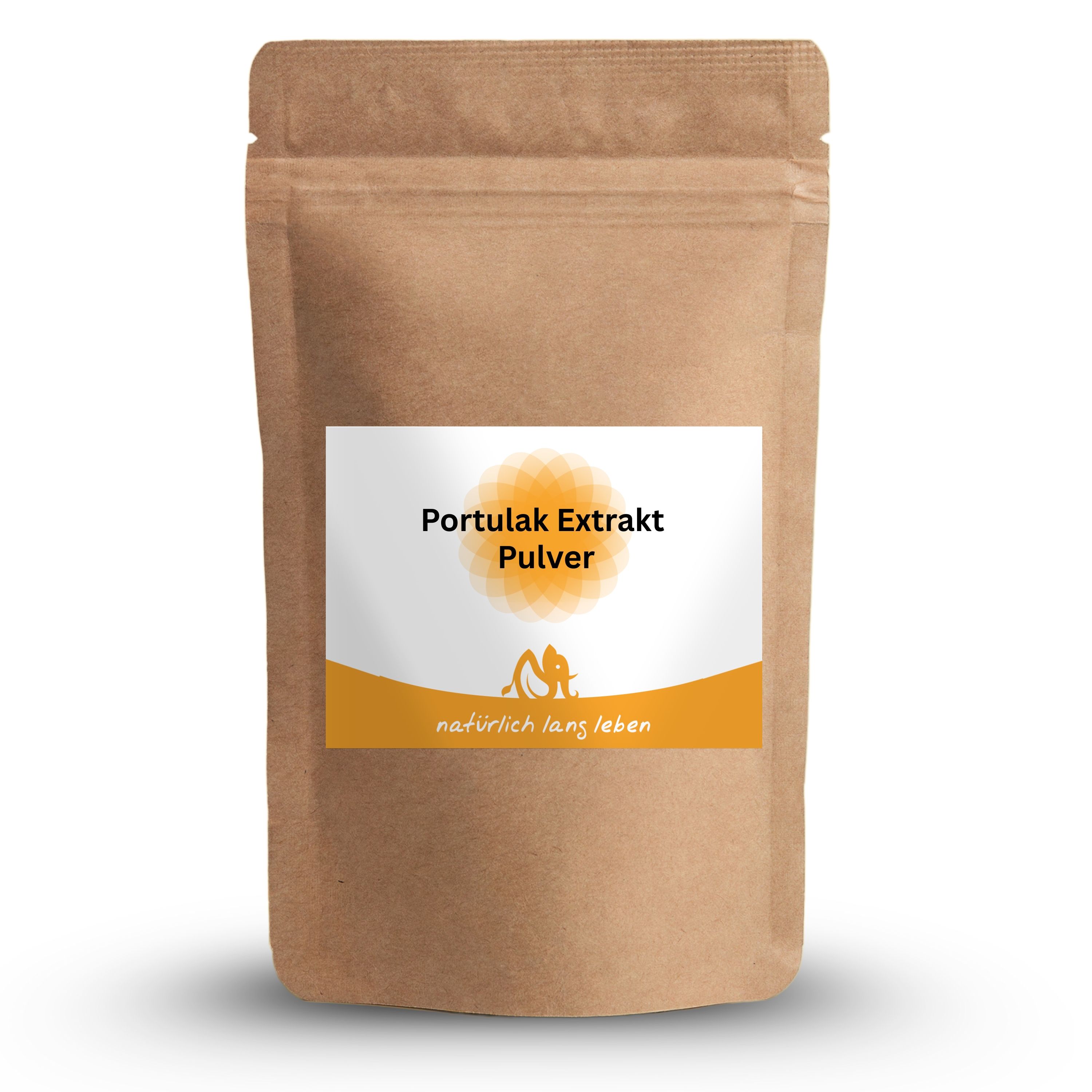 Beutel mit weißem Etikett, Aufschrift 'Portulak Extrakt Pulver' und Logo. Braune Verpackung, Produktansicht.