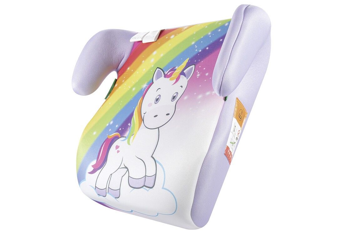 Kindersitzerhöhung mit Einhorn-Motiv. Weiß, mit Regenbogen und Einhorn-Illustration. Lila Kopfstütze.