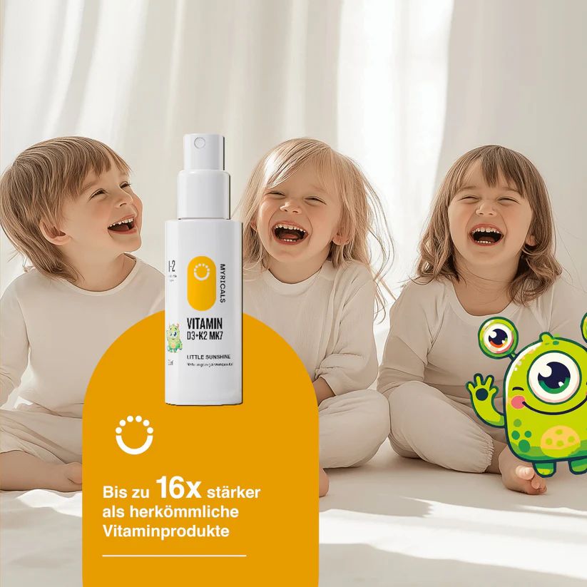 Drei lachende Kinder mit Sprühflasche. Text: Bis zu 16x stärker als herkömmliche Vitaminprodukte. Gelber Hintergrund mit Monster-Illustration.