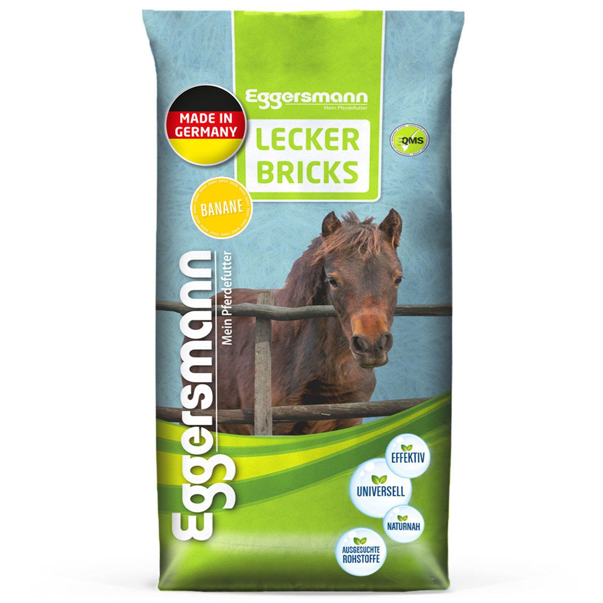 Verpackung von EGGERSMANN Lecker Bricks (Banane). Grün-weißes Design mit Pferd. Text: "Lecker Bricks", "Banane", "Mein Pferdefutter".
