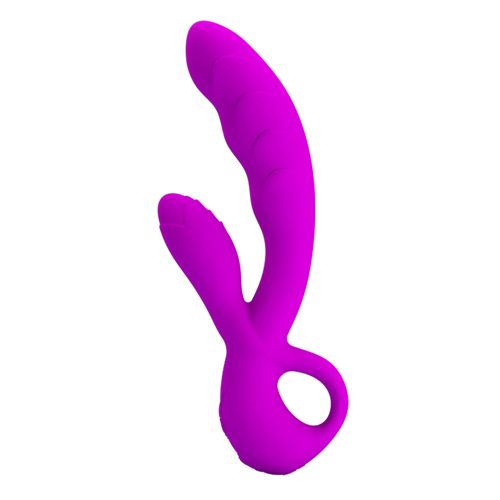 Lila Wellness-Produkt. Gebogene Form mit zwei Enden und einer Schlaufe. Aus weichem Material.