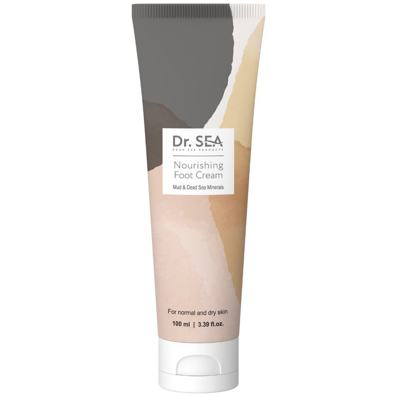 Fußcreme-Tube mit Produktnamen und Inhaltsangabe. Farbverlauf von Grau, Beige und Braun. Text: Dr. SEA, Nourishing Foot Cream, 100 ml.