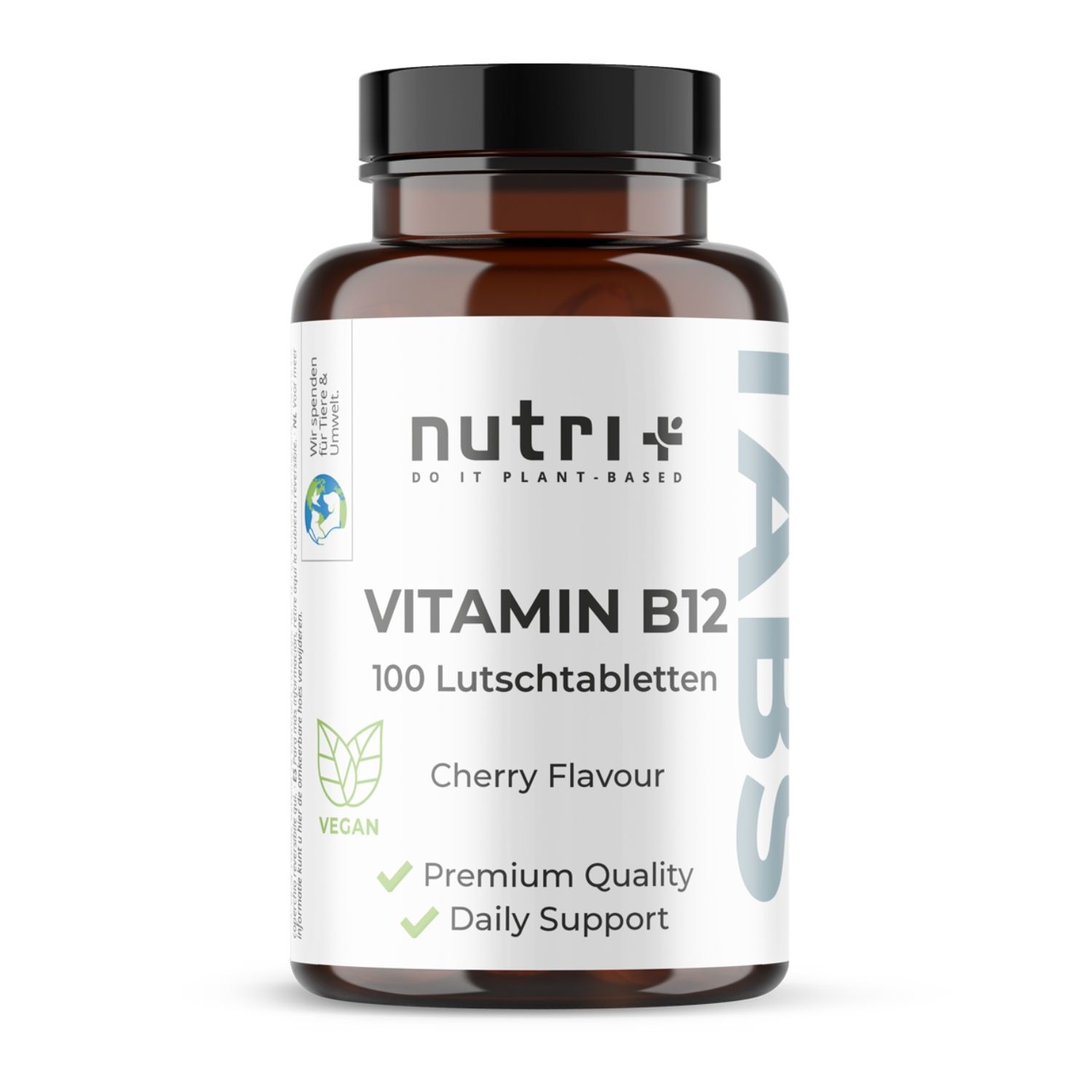 Braune Glasflasche mit nutri+ Vitamin B12 veganen Lutschtabletten, 100 Stück.