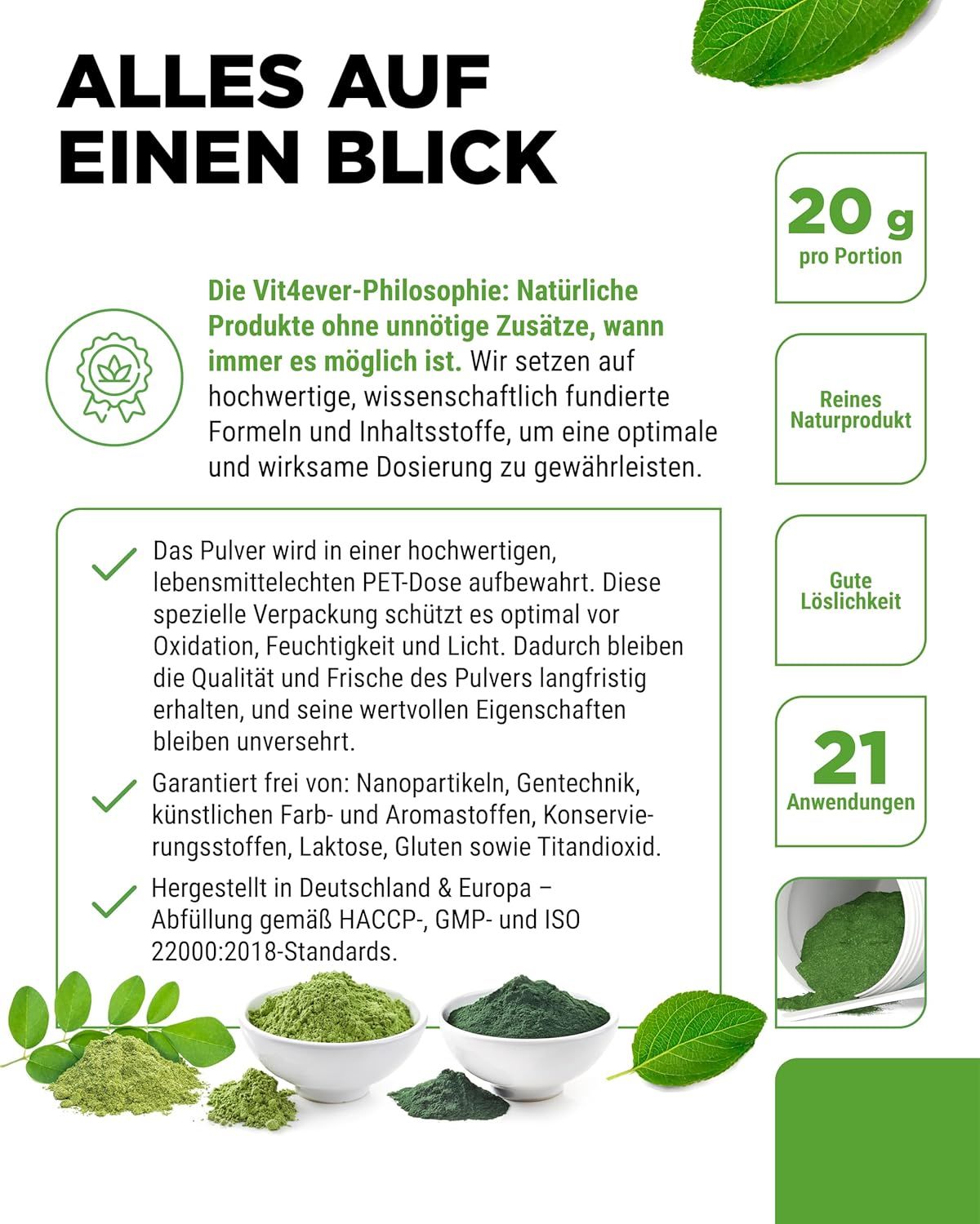 Produktglas mit Aufschrift: Superfood Mix Natural Plant Blend. Enthält Gerstengras, Guarana, Maca, Moringa, Chlorella, Spirulina. Informationen zu Inhaltsstoffen und Dosierung.