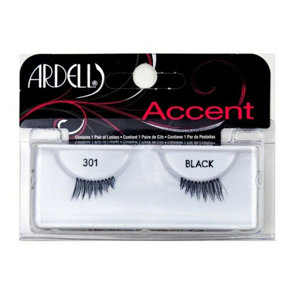 Ardell Accent Lashes 301 Nero. Schwarze Wimpern in Kunststoffverpackung. Enthält 1 Paar Wimpern. Aufschrift: BLACK.