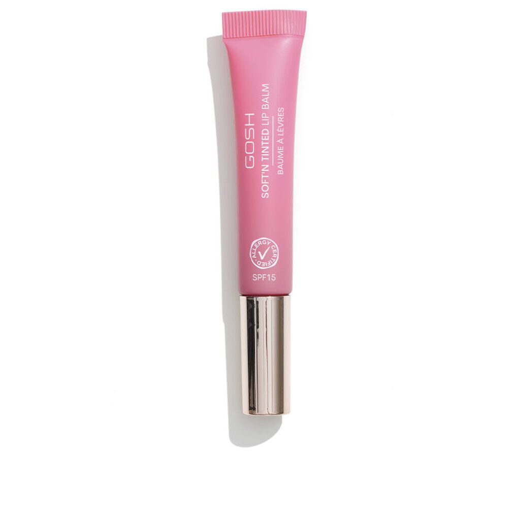 Rosa getönter Lippenbalsam-Tube. Aufschrift: GOSH SOFT'N TINTED LIP BALM. Mit SPF 15 und Allergie-Zertifizierung.