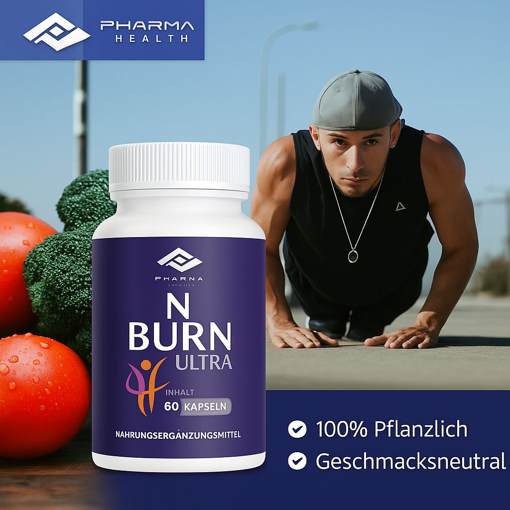 Weiße Flasche mit lila Etikett. Aufschrift: N BURN ULTRA, 60 Kapseln. Mann beim Training im Hintergrund.