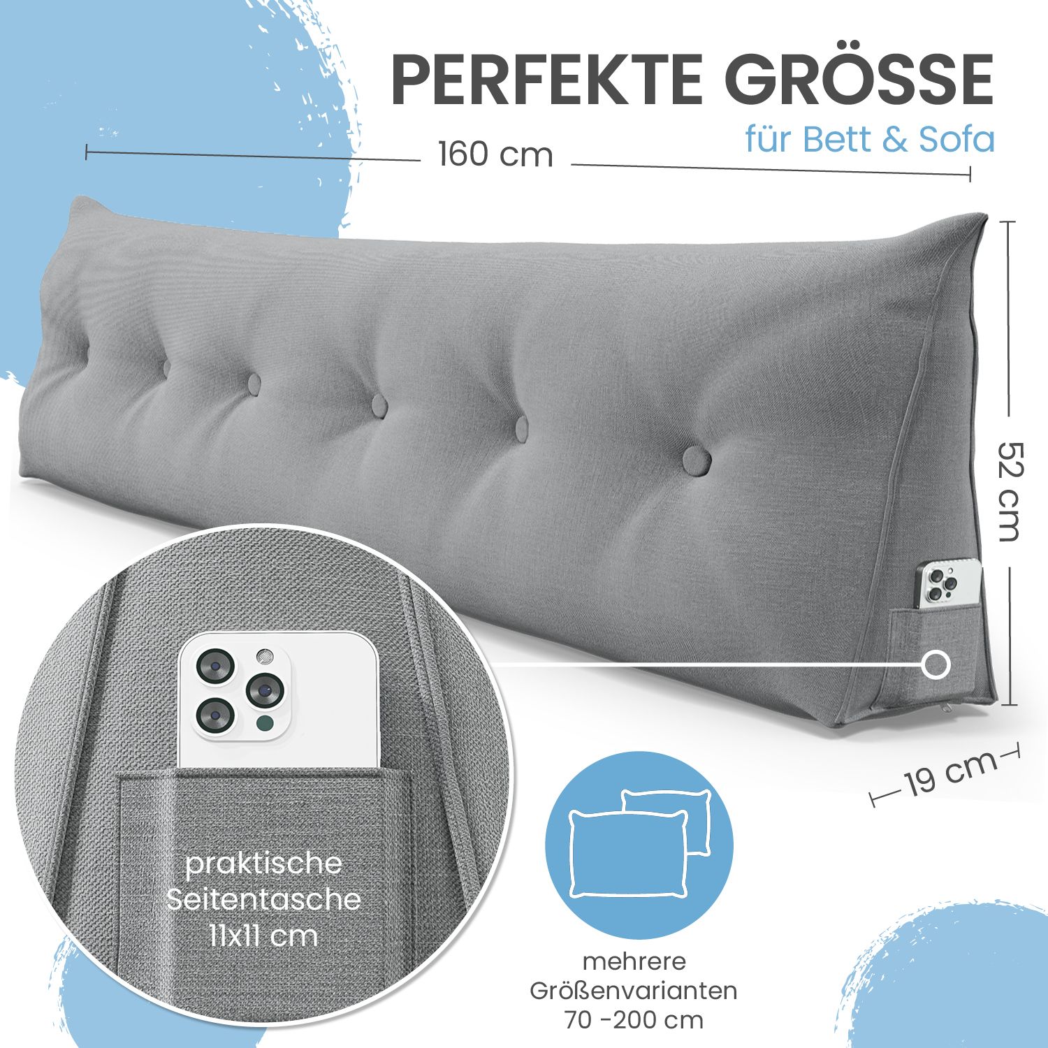 Graues Stützkissen mit Maßen. Text: 'PERFEKTE GRÖSSE'. Seitentasche mit Smartphone. Mehrere Größenvarianten.