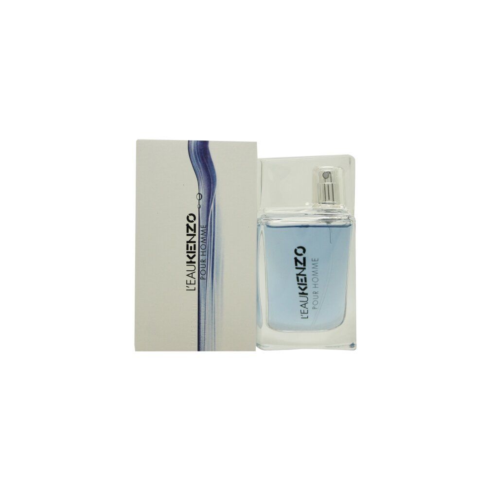 L'Eau Kenzo Pour Homme Flakon und Verpackung. Klare Glasflasche mit blauem Duftwasser und silbernem Sprühkopf.