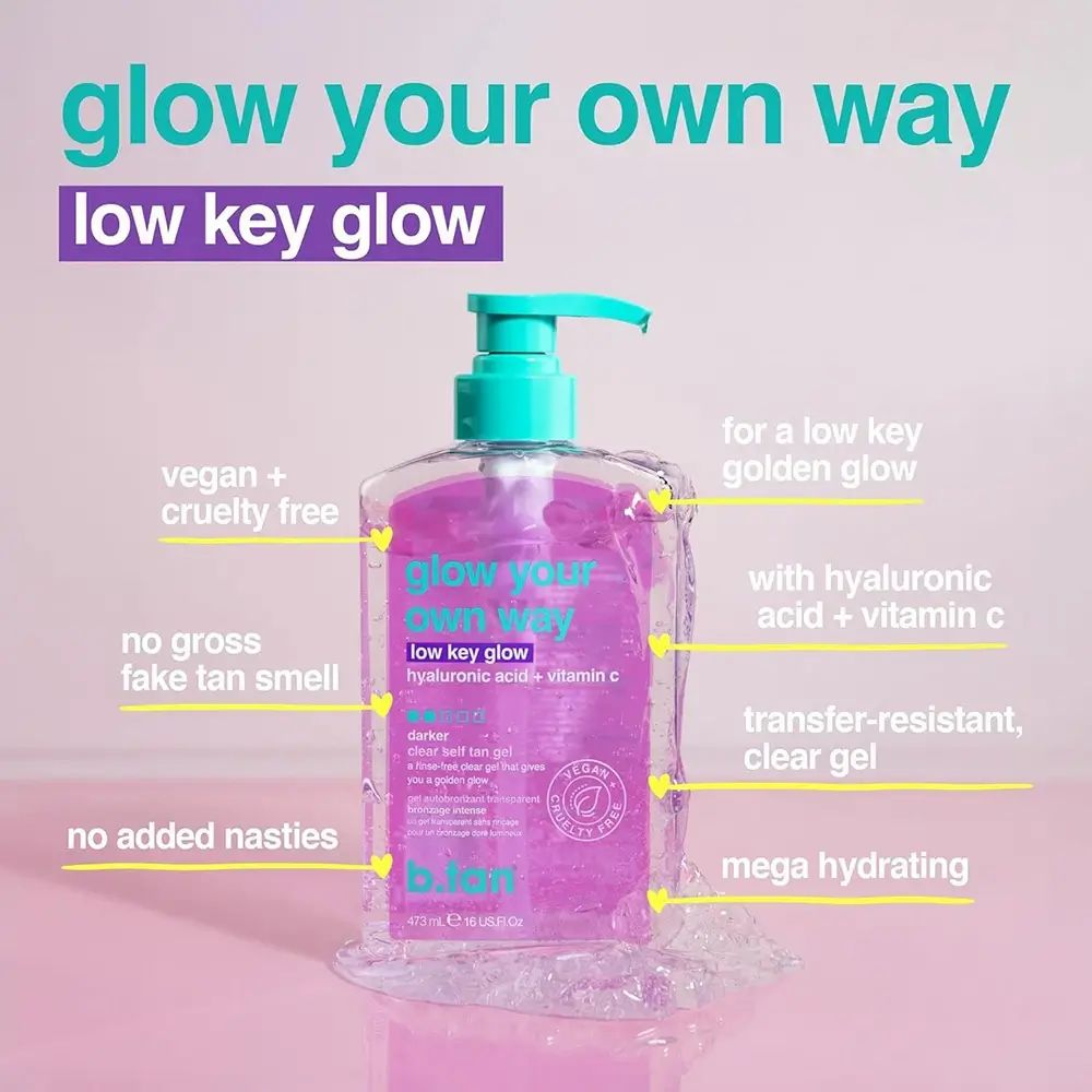Produktflasche mit Text: glow your own way, low key glow. Zusätzliche Textfelder: vegan + cruelty free, no gross fake tan smell, no added nasties.
