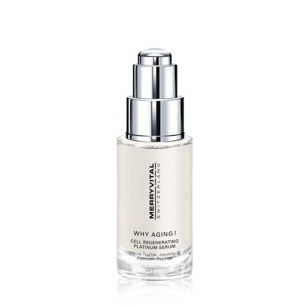 Serumflasche mit silbernem Verschluss. Aufschrift: MERRYVITAL SWITZERLAND, WHY AGING! CELL REGENERATING PLATINUM SERUM.