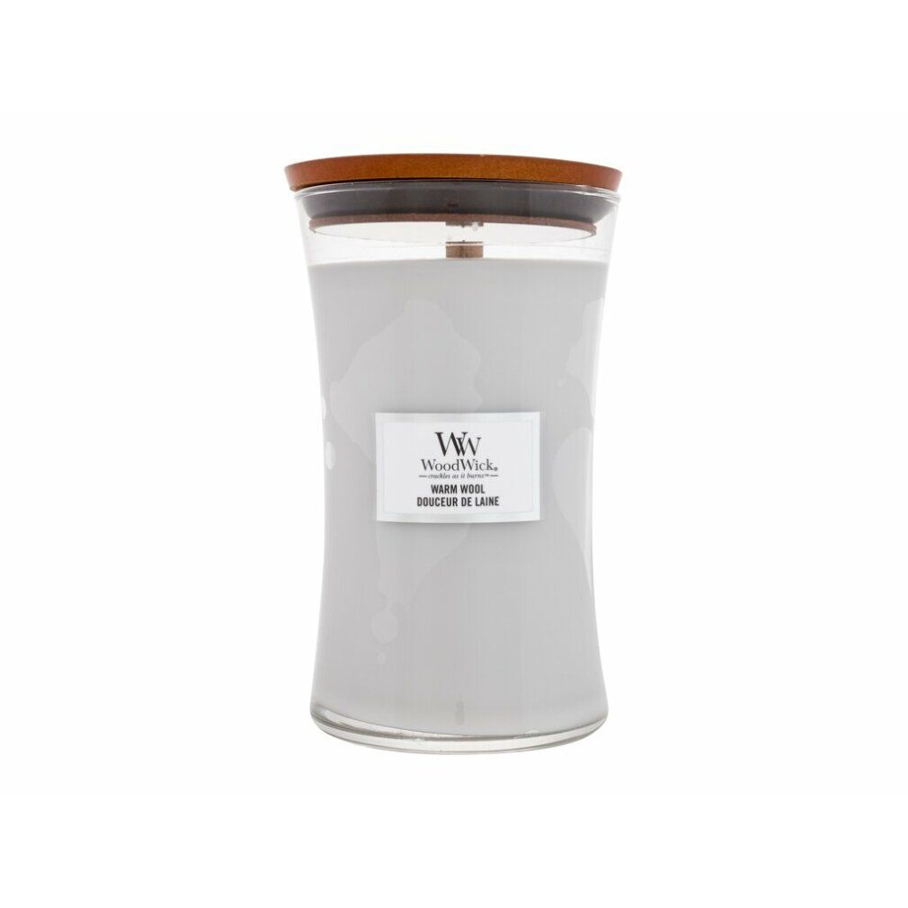 Kerzenglas mit Holzdeckel. Aufkleber mit "Warm Wool" und "WoodWick" Logo. Klarer Glasbehälter mit grauer Wachsfüllung.