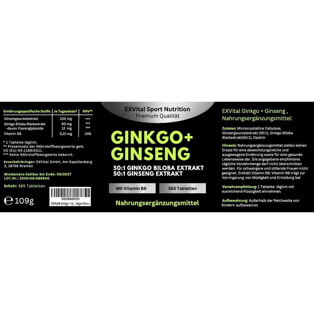 Produktetikett von EXVital Ginkgo+Ginseng. Enthält Informationen zu Inhaltsstoffen, Nährwerten und Anwendung.