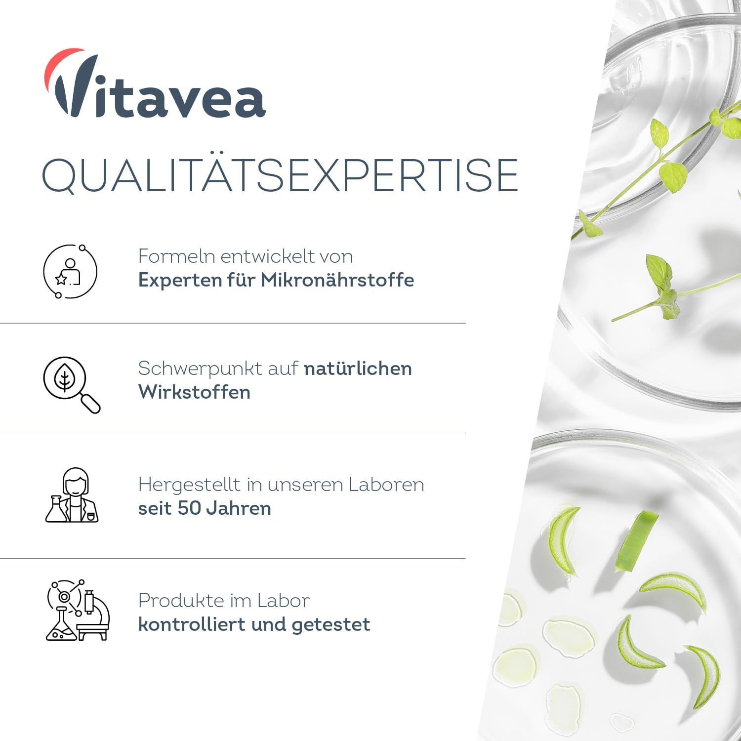 Logo Vitavea. Text: "QUALITÄTSEXPERTISE". Formeln entwickelt von Experten. Schwerpunkt auf natürlichen Wirkstoffen. Labor-Kontrolle.