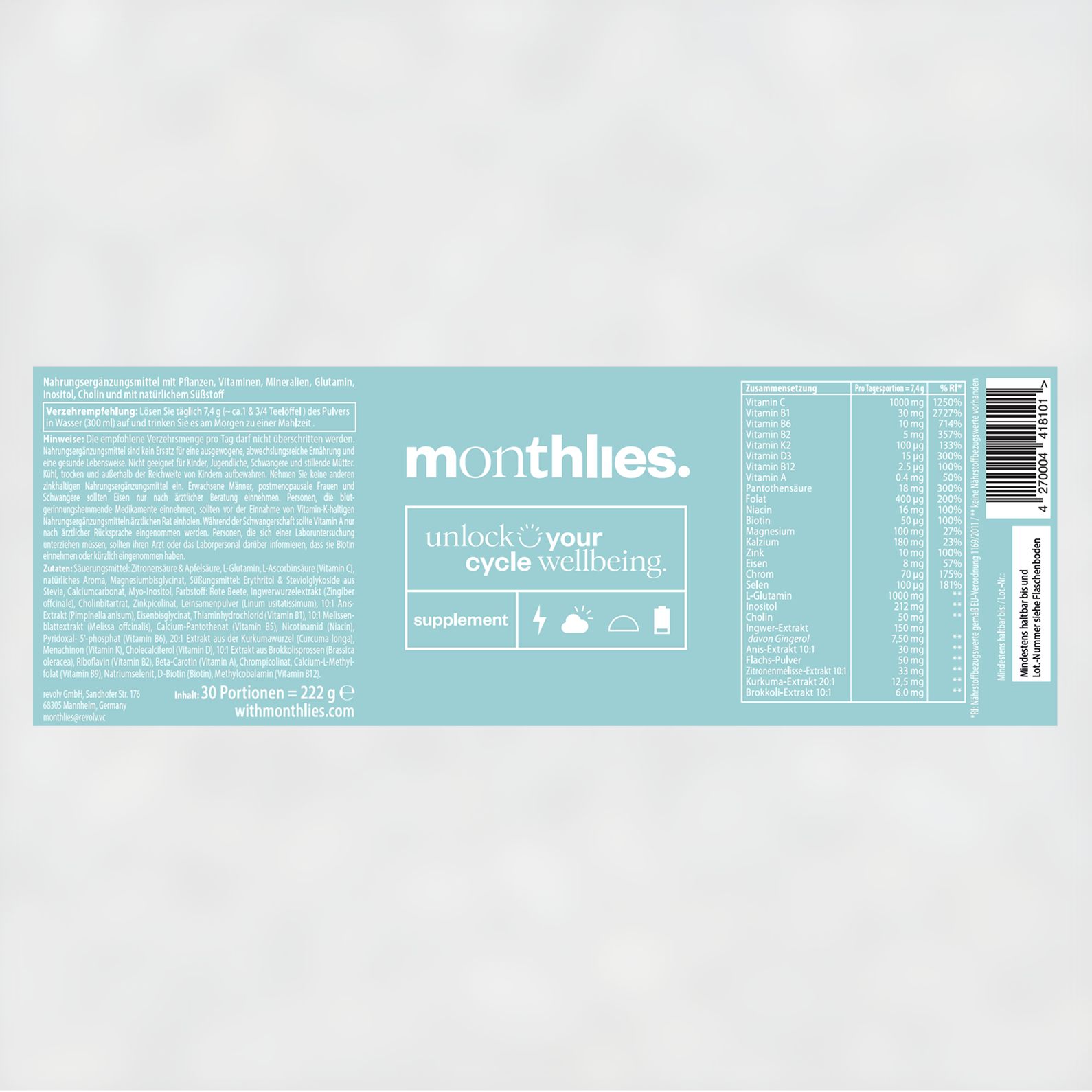 Langgestreckte Packung mit blauem Etikett. Aufschrift: monthlies. unlock your cycle wellbeing. 30 Portionen. Enthält Informationen zu Vitaminen und Nährstoffen.