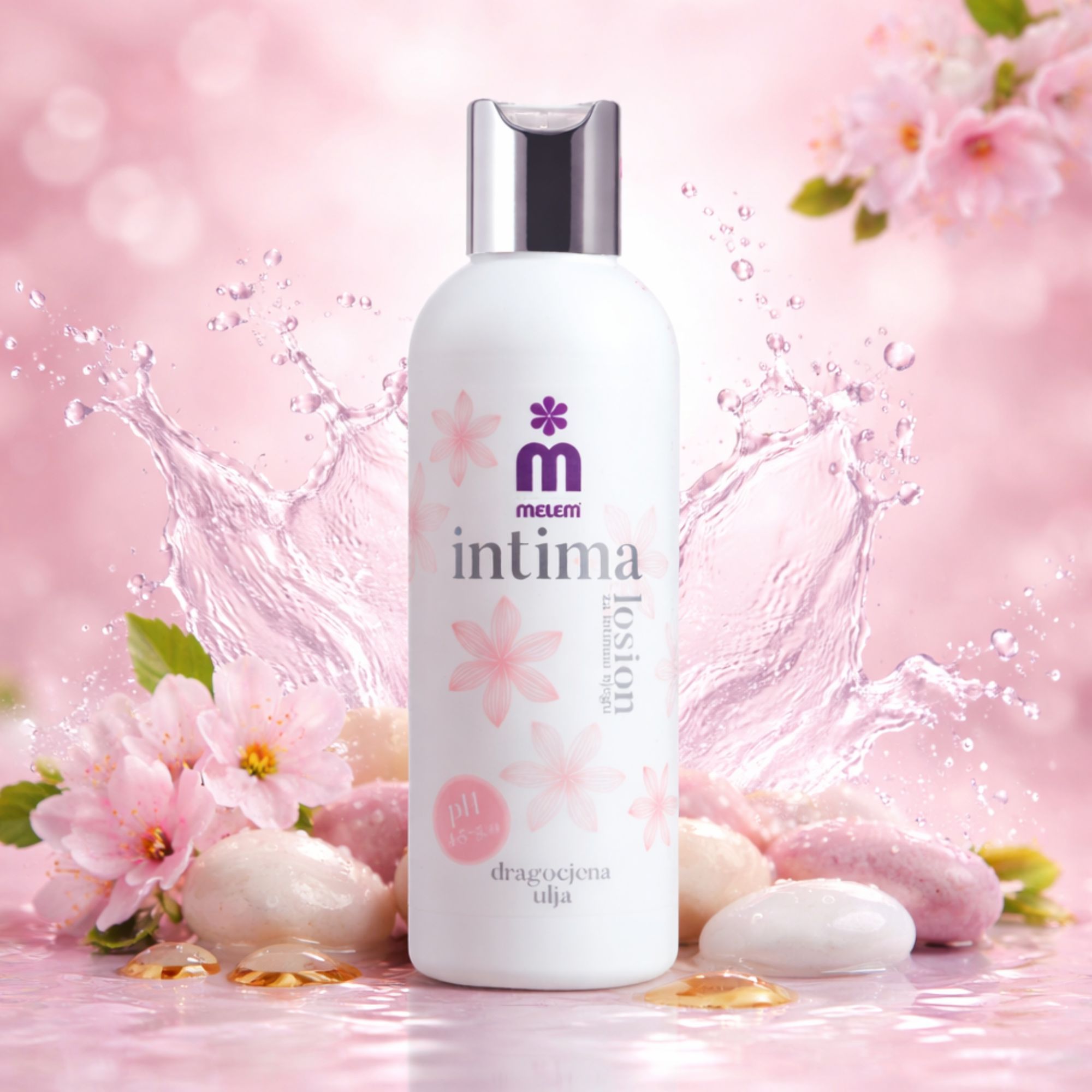 Weiße Flasche Intimpflege-Lotion mit rosa Blüten und Wasser. Aufschrift: Intima, Melem, Lotion.