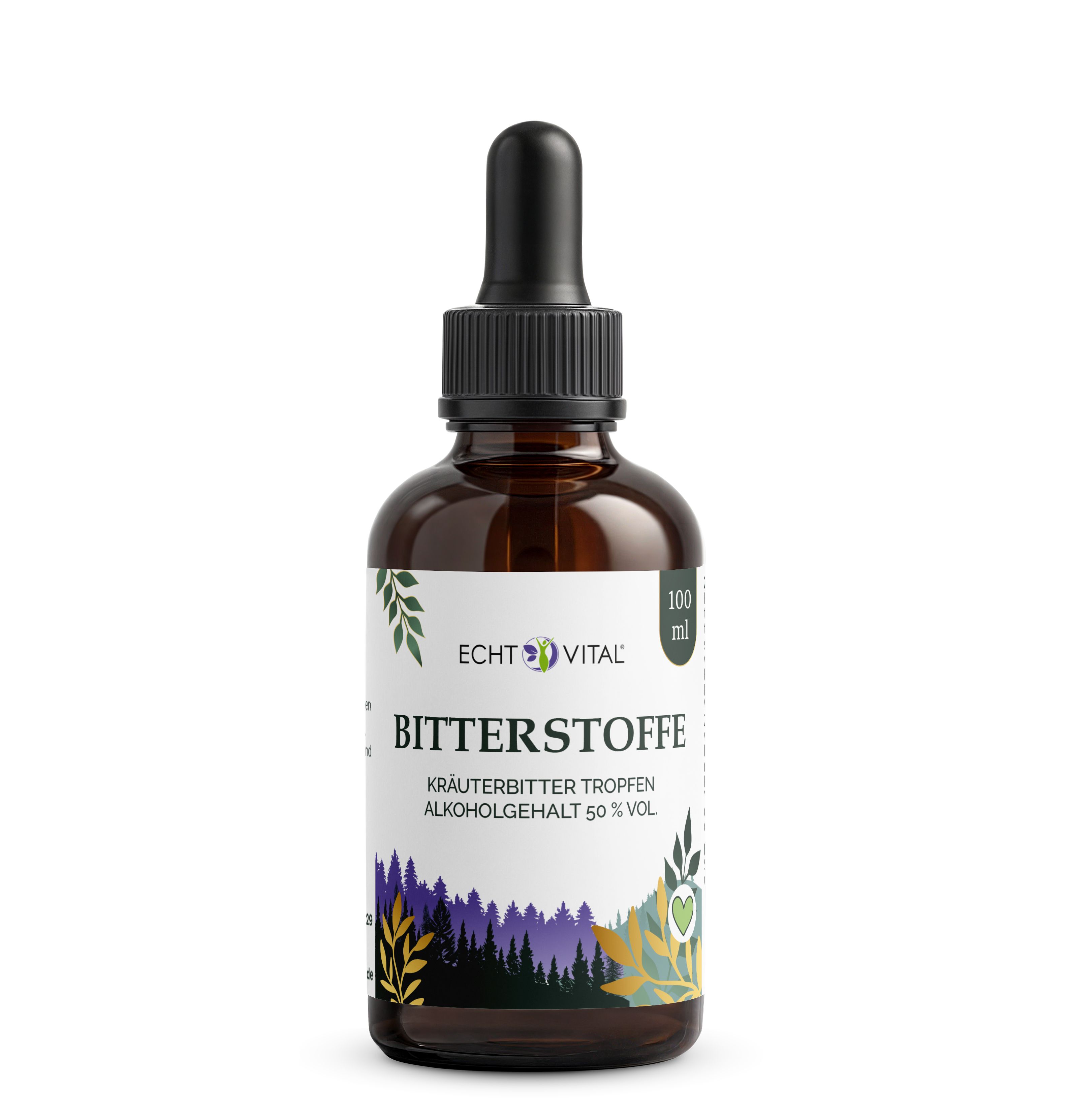 Braune Glasflasche mit schwarzer Pipette. Aufschrift: Echt Vital Bitterstoffe. Text: Kräuterbitter Tropfen, Alkoholgehalt 50 % Vol.