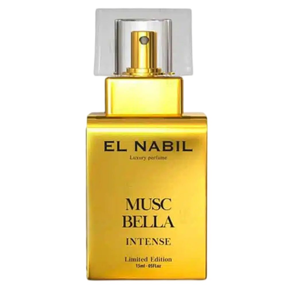 Goldfarbener Flakon mit Sprühkopf. Aufschrift: EL NABIL, MUSC BELLA INTENSE, Limited Edition.