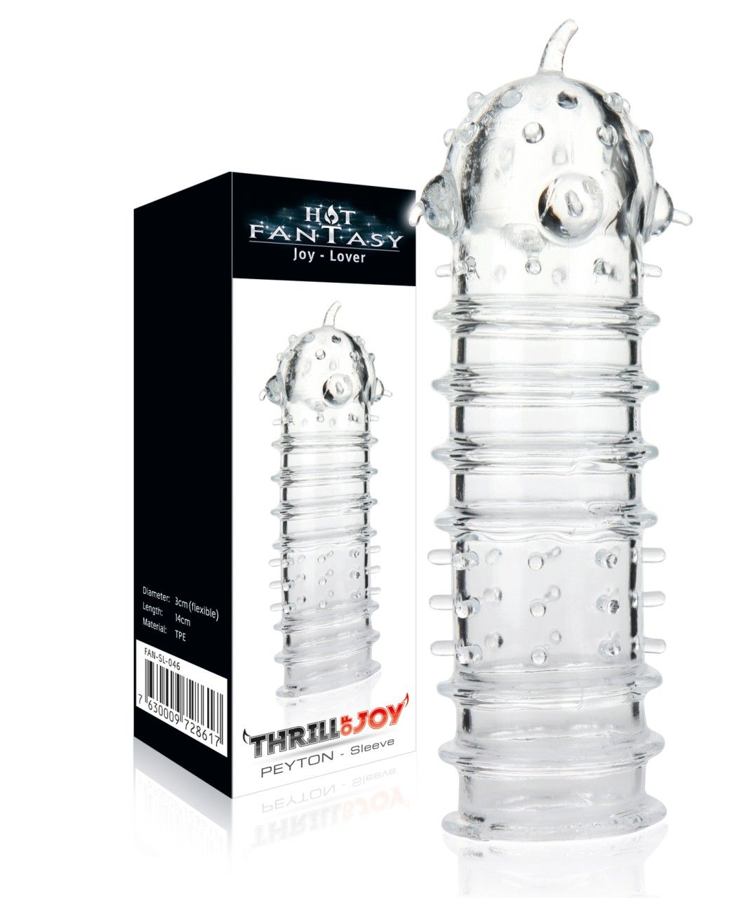 Transparenter Penisring mit Noppen und Ringen, neben der Verpackung.