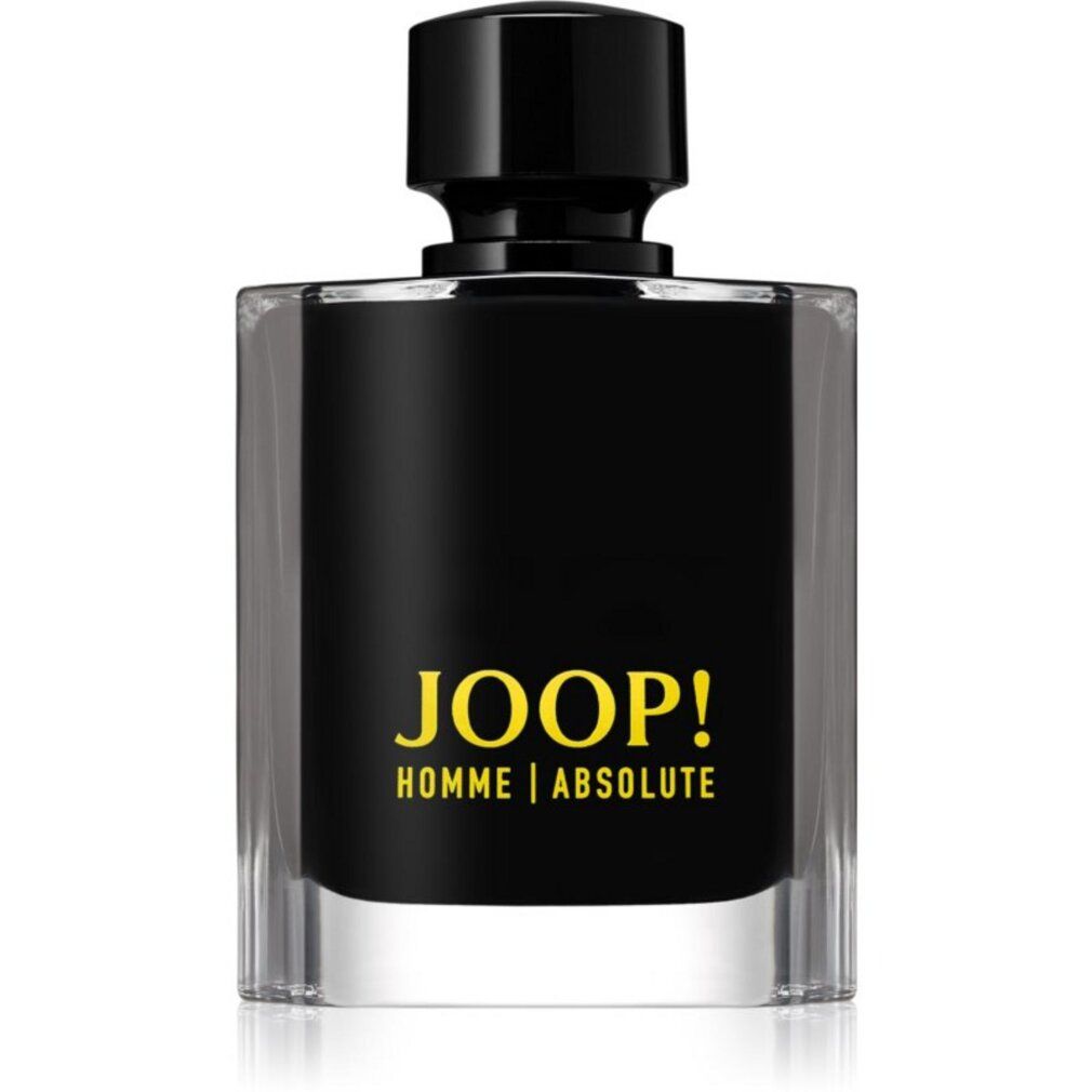 Schwarzer Flakon mit gelbem Schriftzug JOOP! HOMME | ABSOLUTE. Schwarzer Verschluss. Rechteckige Form.