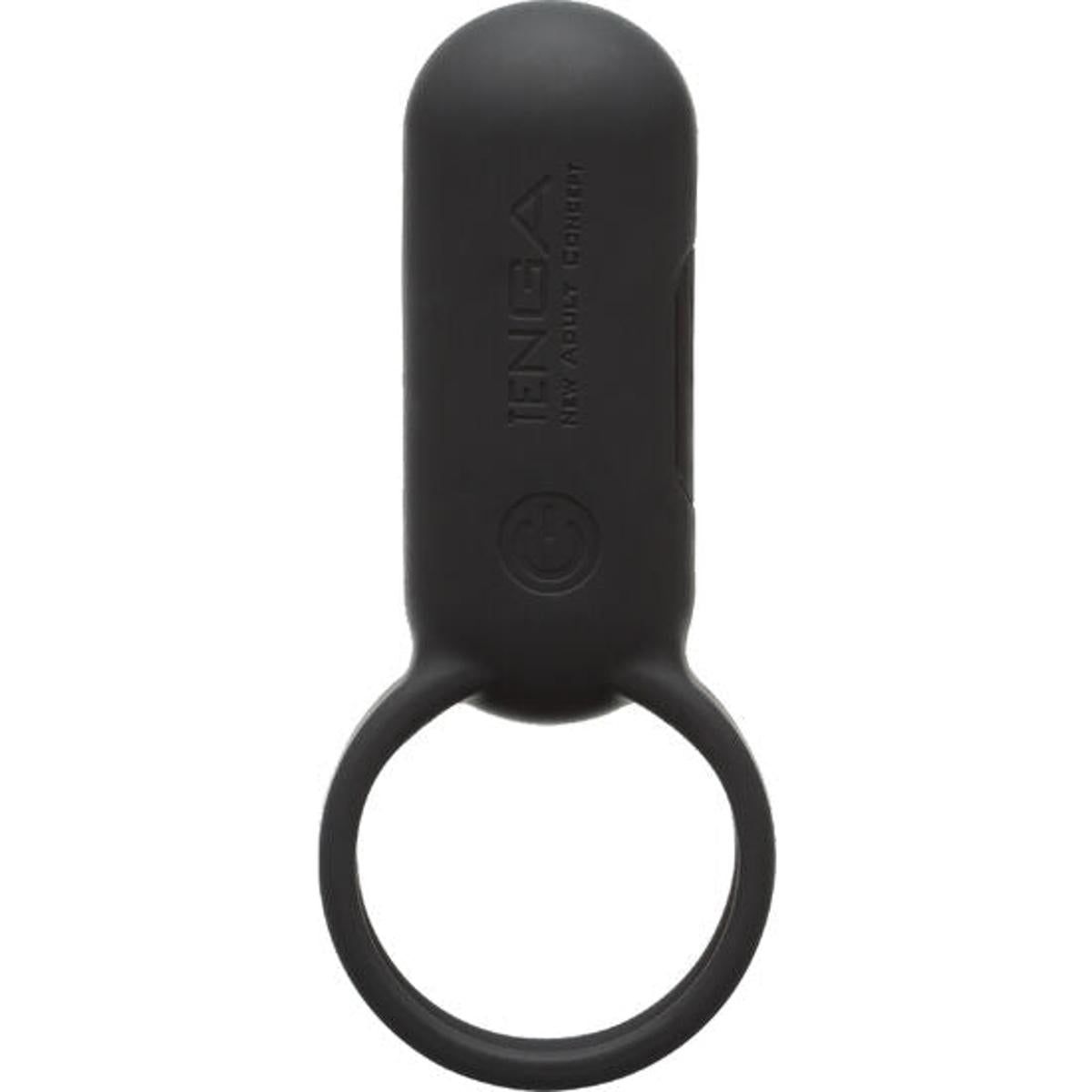 Schwarzer Ring mit länglichem Aufsatz. Produktlogo sichtbar.